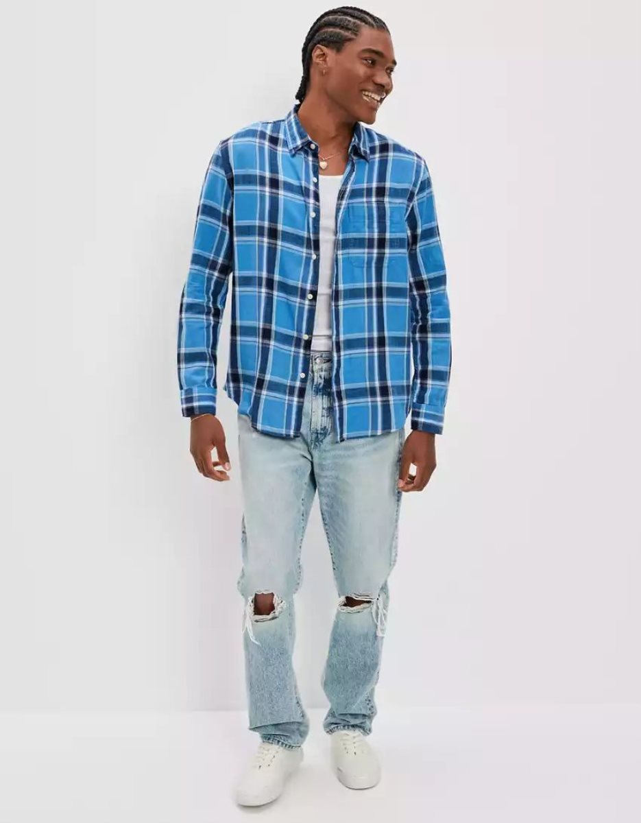 Hauts Flanelle American Eagle AE Super Soft Everyday Plaid Button-Up Shirt Bleu Homme | DWP-66314850